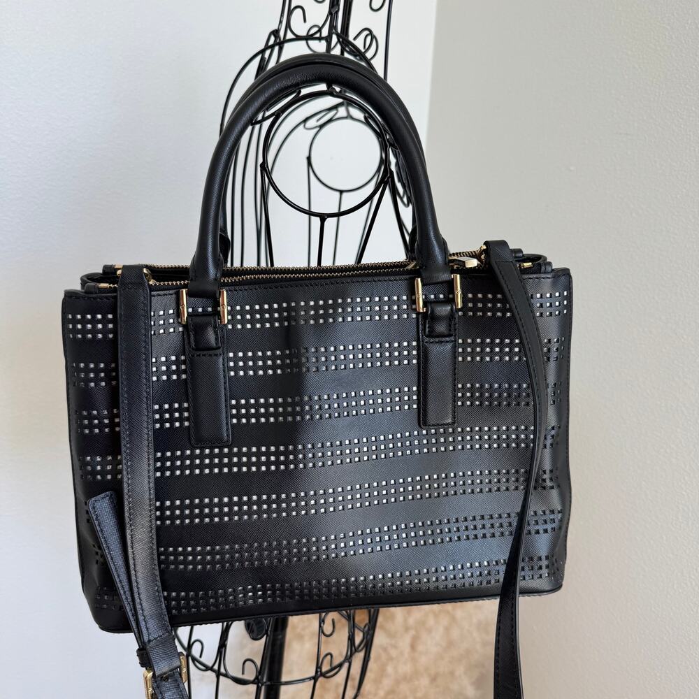 Tory Burch Black Robinson Laser Cut Saffiano Leather Double Zip Satchel Bag - Picture 6 of 16